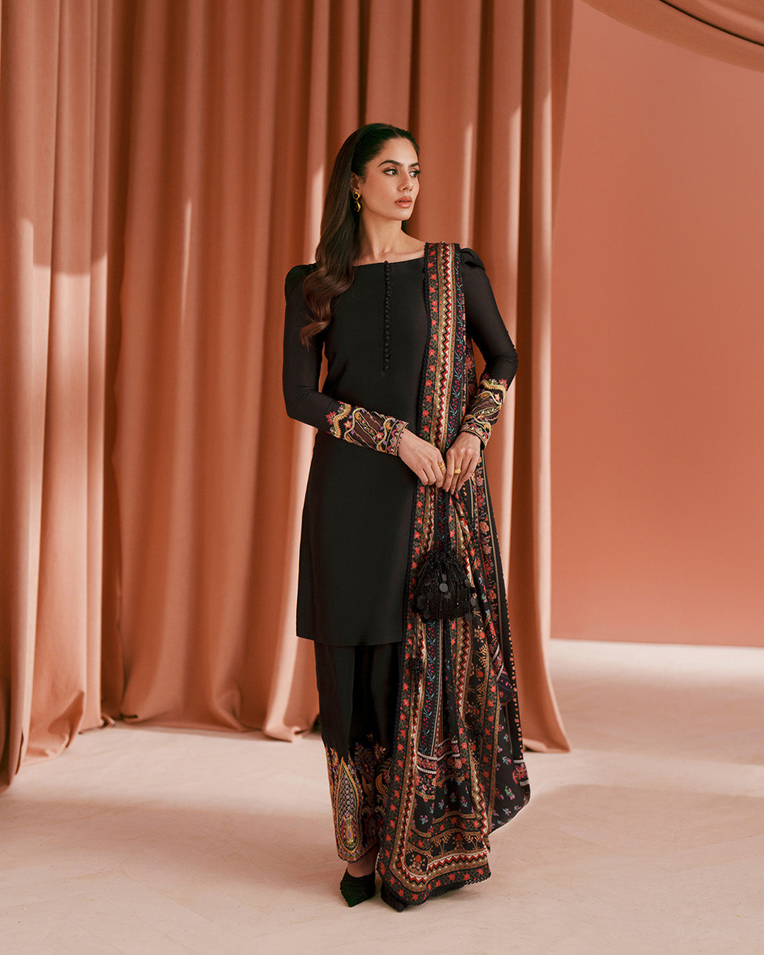 Women Wearing Lulia Black Shirt with Shalwar for Luxury Events - Pakistani Designer Wear for Women in UK | Kifat