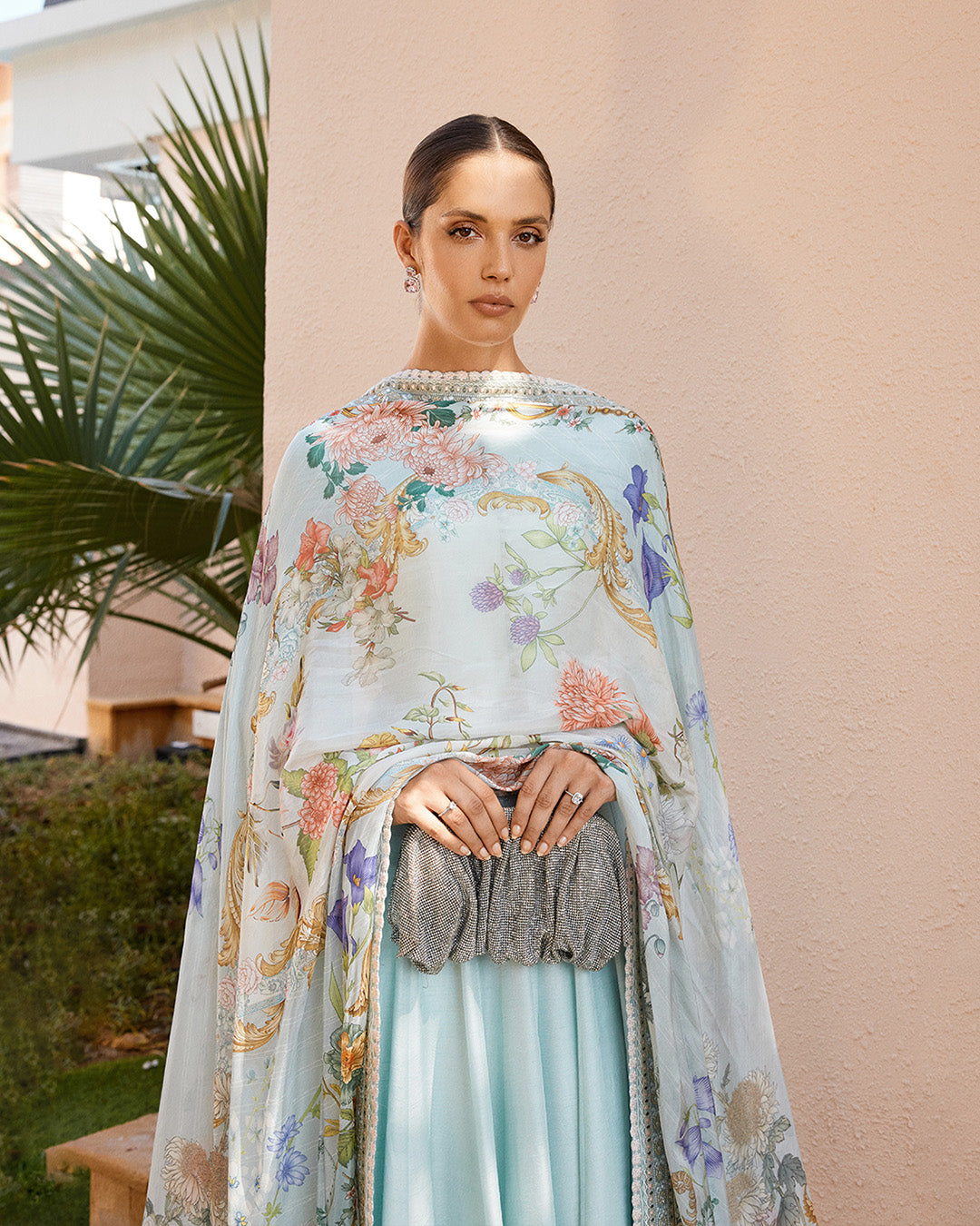 Model Wearing Faiza Saqlain Latissa Ice Blue Pishwas with Churidar for Ladies wear - Pakistani Designer Wear for Women in UK | Kifat