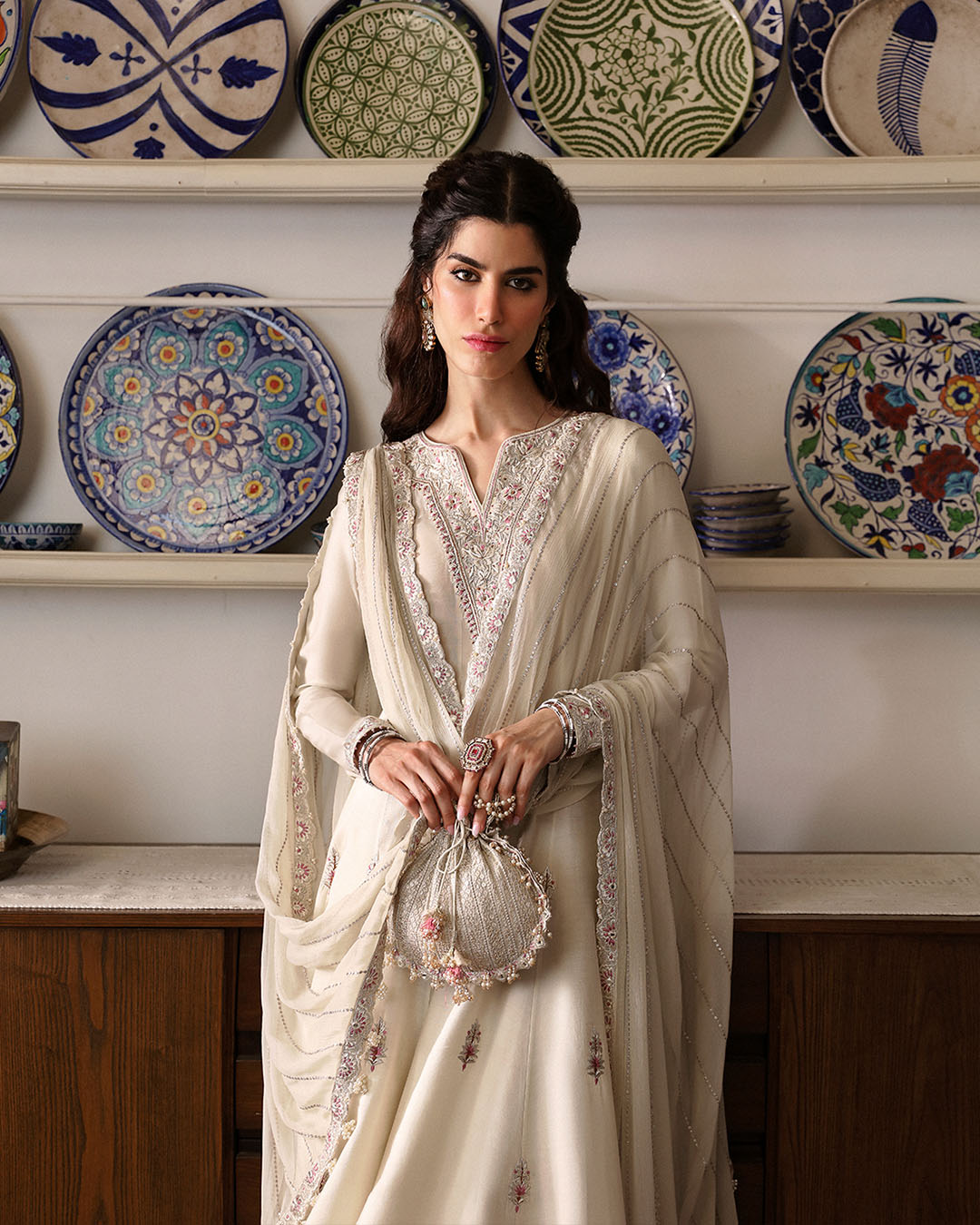 Model Wearing Faiza Saqlain Sabina Ivory Shirt with Culottes for formal events wear - Pakistani Designer Wear for Women in UK | Kifat