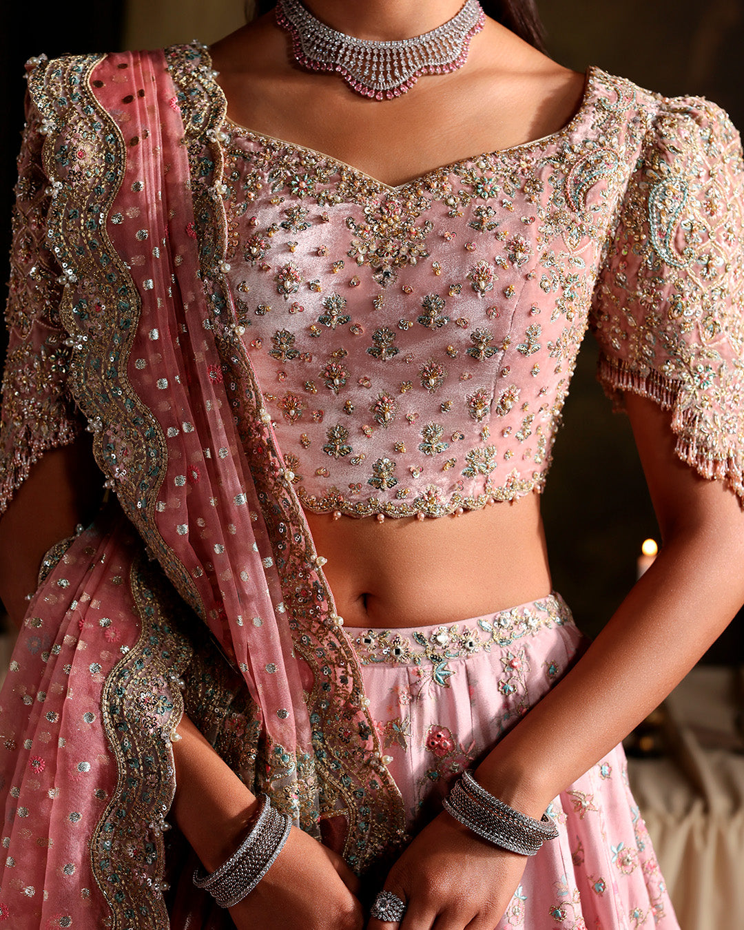 Model Wearing Faiza Saqlain Vanna Dusty Pink Shirt with Lehnga for wedding wear - Pakistani Designer Wear for Women in UK | Kifat