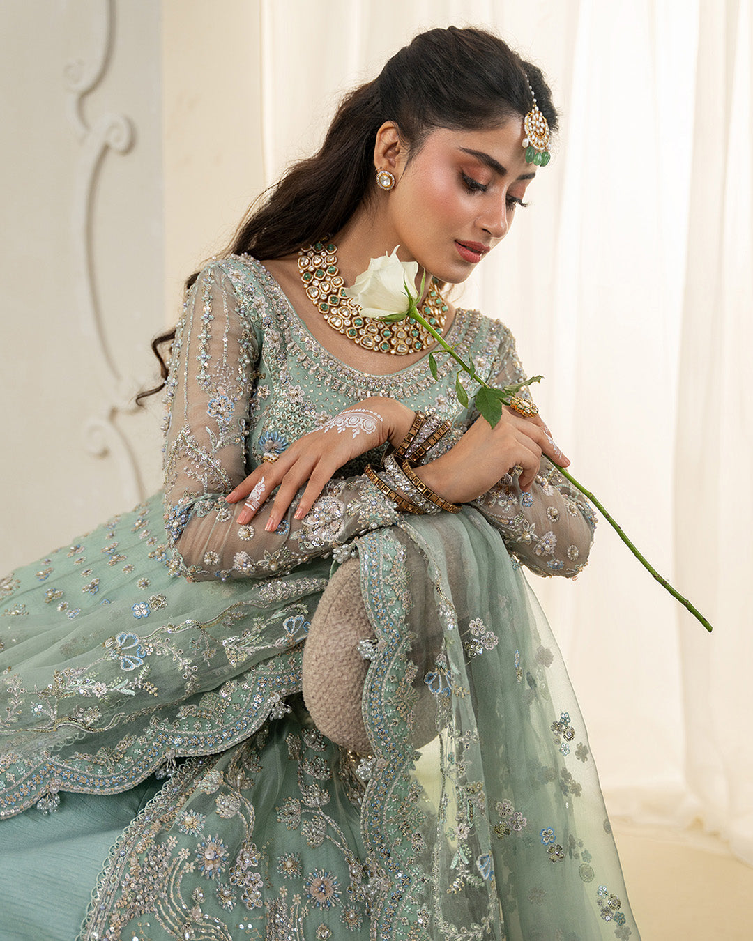 Model Wearing Faiza Saqlain Selin Mint Green Shirt with Lehnga for wedding wear - Pakistani Designer Wear for Women in UK | Kifat