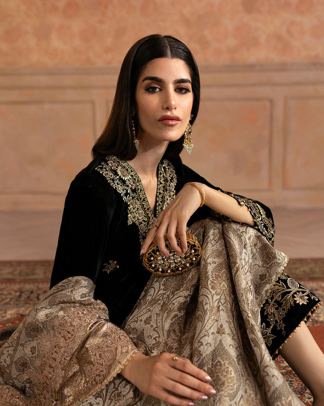Model Wearing Faiza Saqlain Vita Black Shirt with Trouser for formal events wear - Pakistani Designer Wear for Women in UK | Kifat