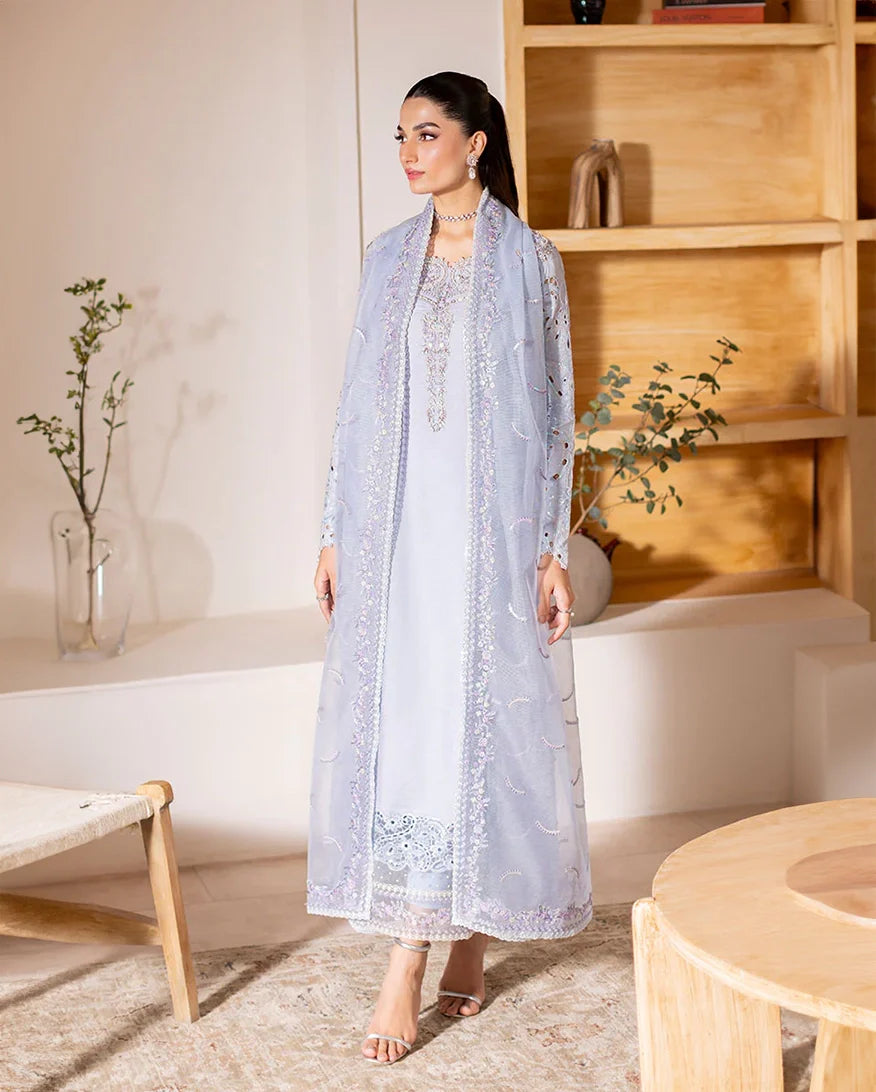 Women Wearing Verve Ice Blue Long Shirt for Luxury Events - Pakistani Designer Wear for Women in UK | Kifat