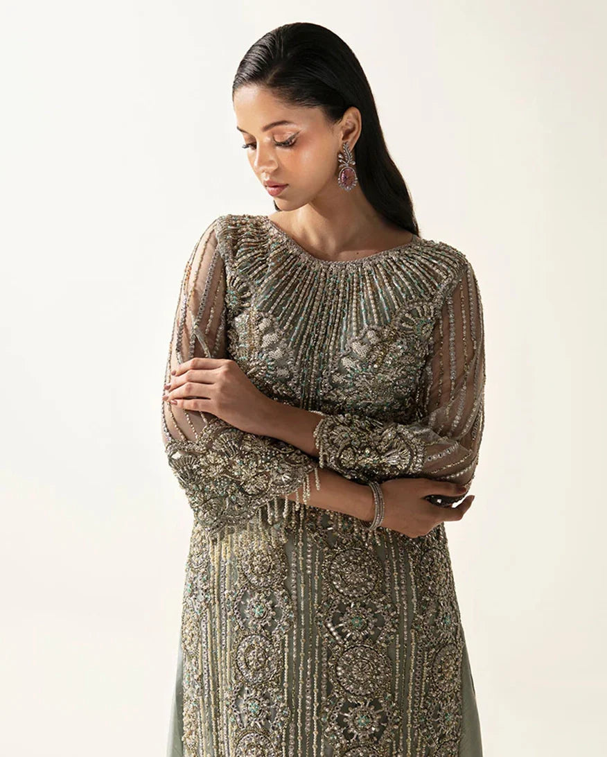 Women Wearing Meline Mint Green Long Shirt for Festive Events - Pakistani Designer Wear for Women in UK | Kifat