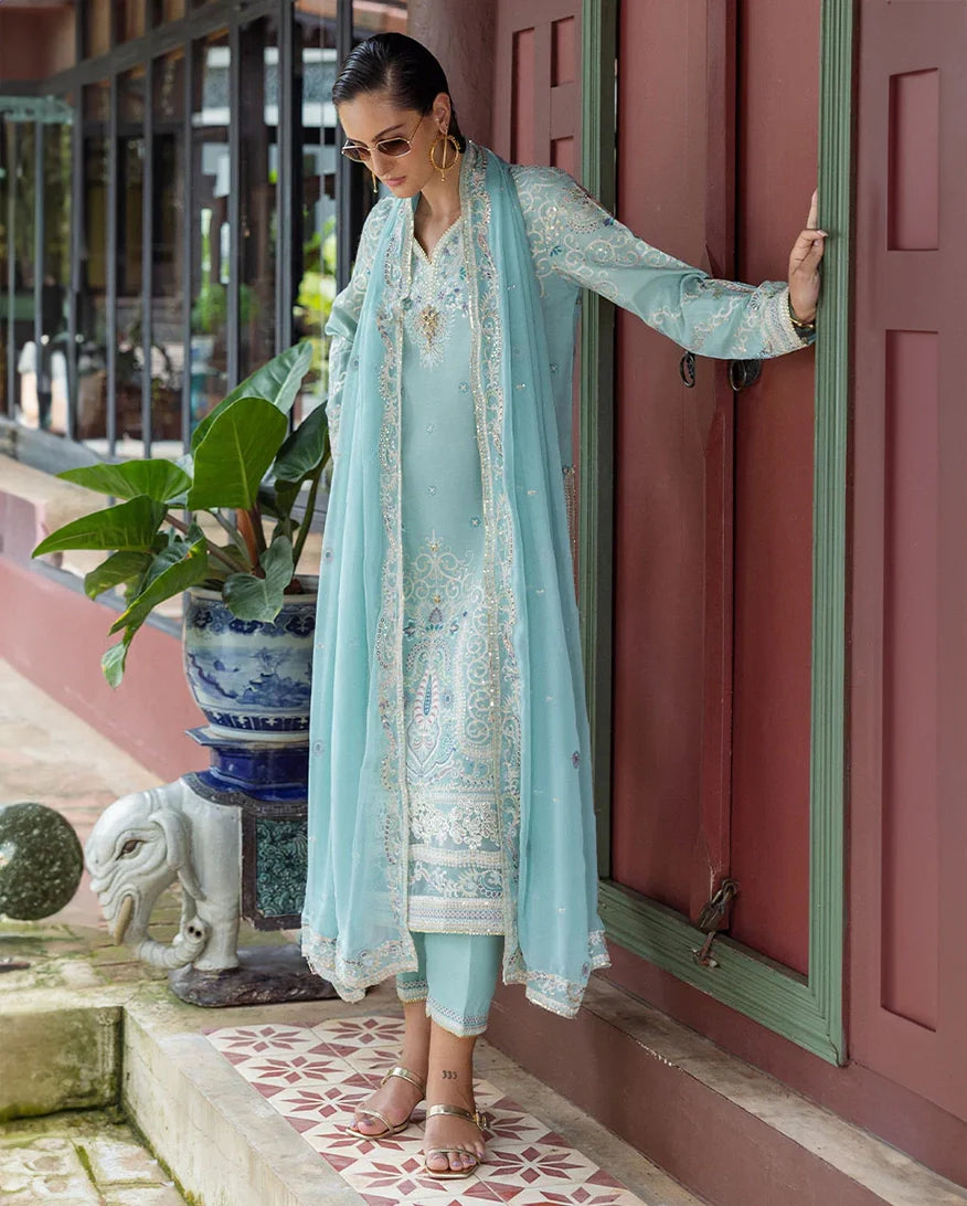 Women Wearing Freyelle Light Blue Long Shirt for Festive Events - Pakistani Designer Wear for Women in UK | Kifat