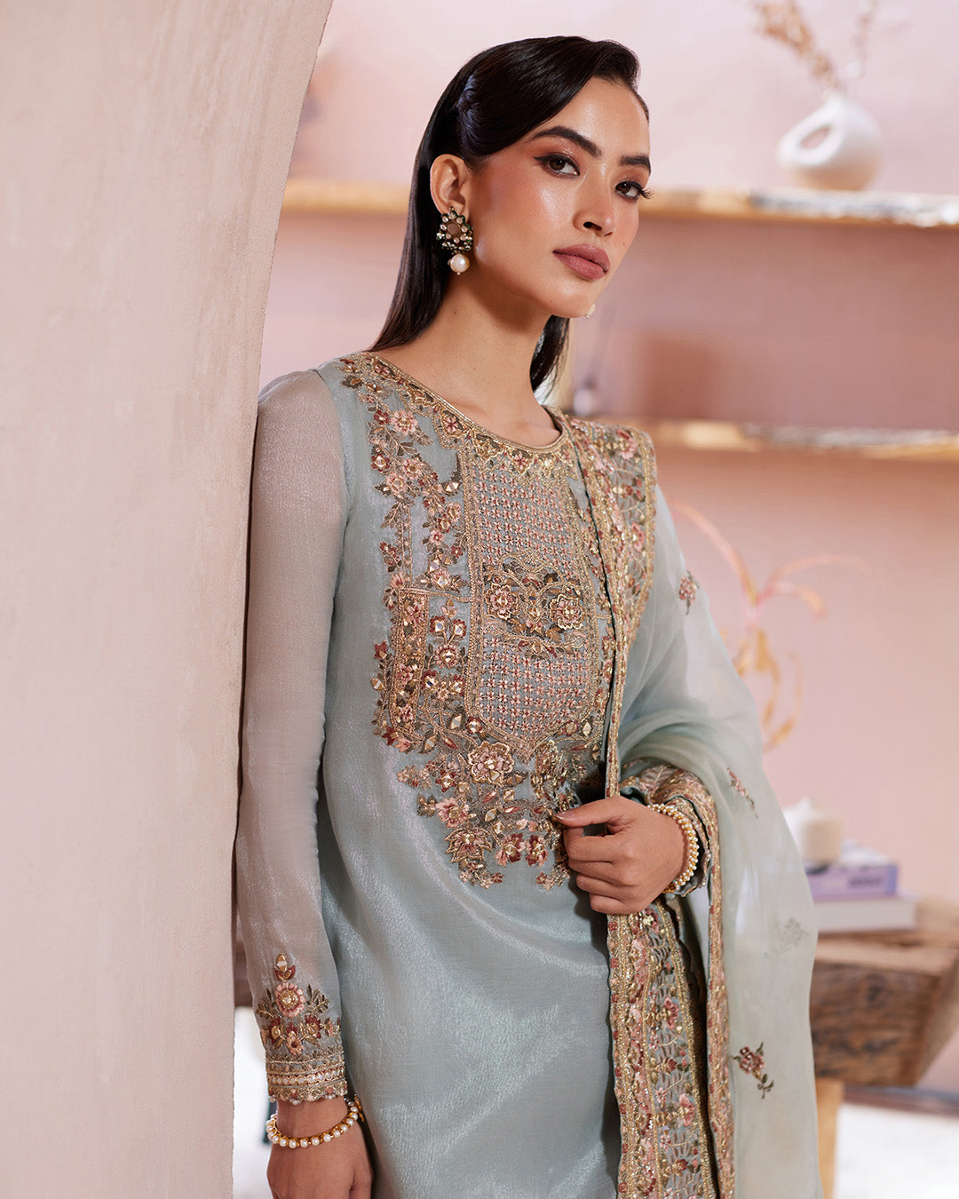 Model Wearing Faiza Saqlain Zaafia Ice Blue Shirt with Flared Pants for wedding wear - Pakistani Designer Wear for Women in UK | Kifat