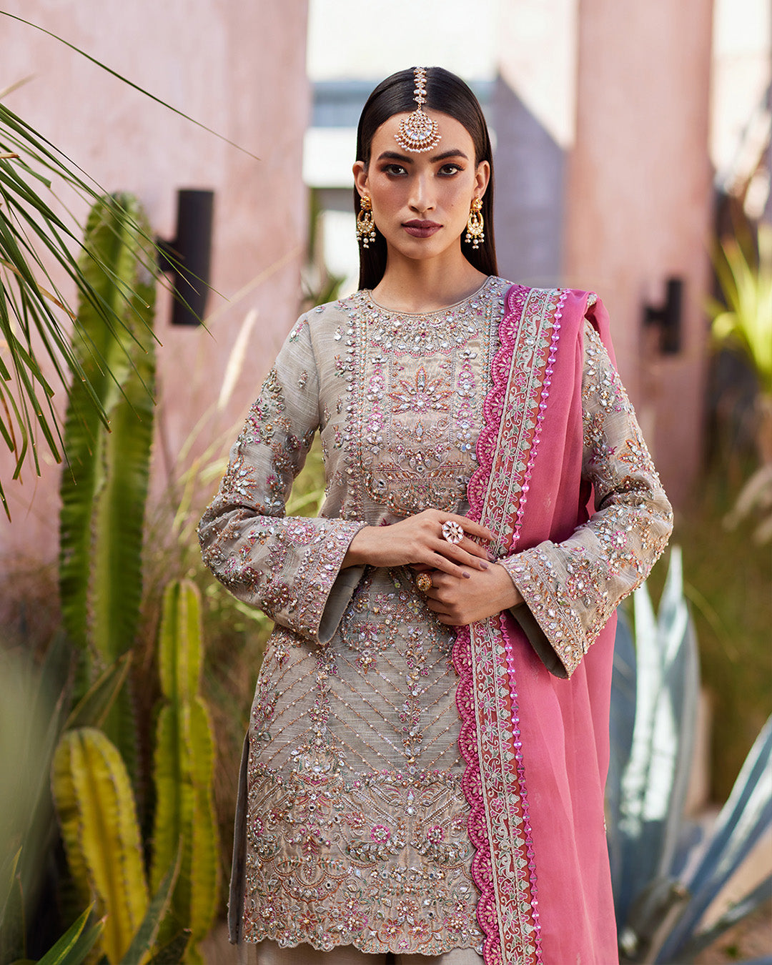 Model Wearing Faiza Saqlain Rosaline Pink & Grey Shirt with Flared Pants for wedding wear - Pakistani Designer Wear for Women in UK | Kifat