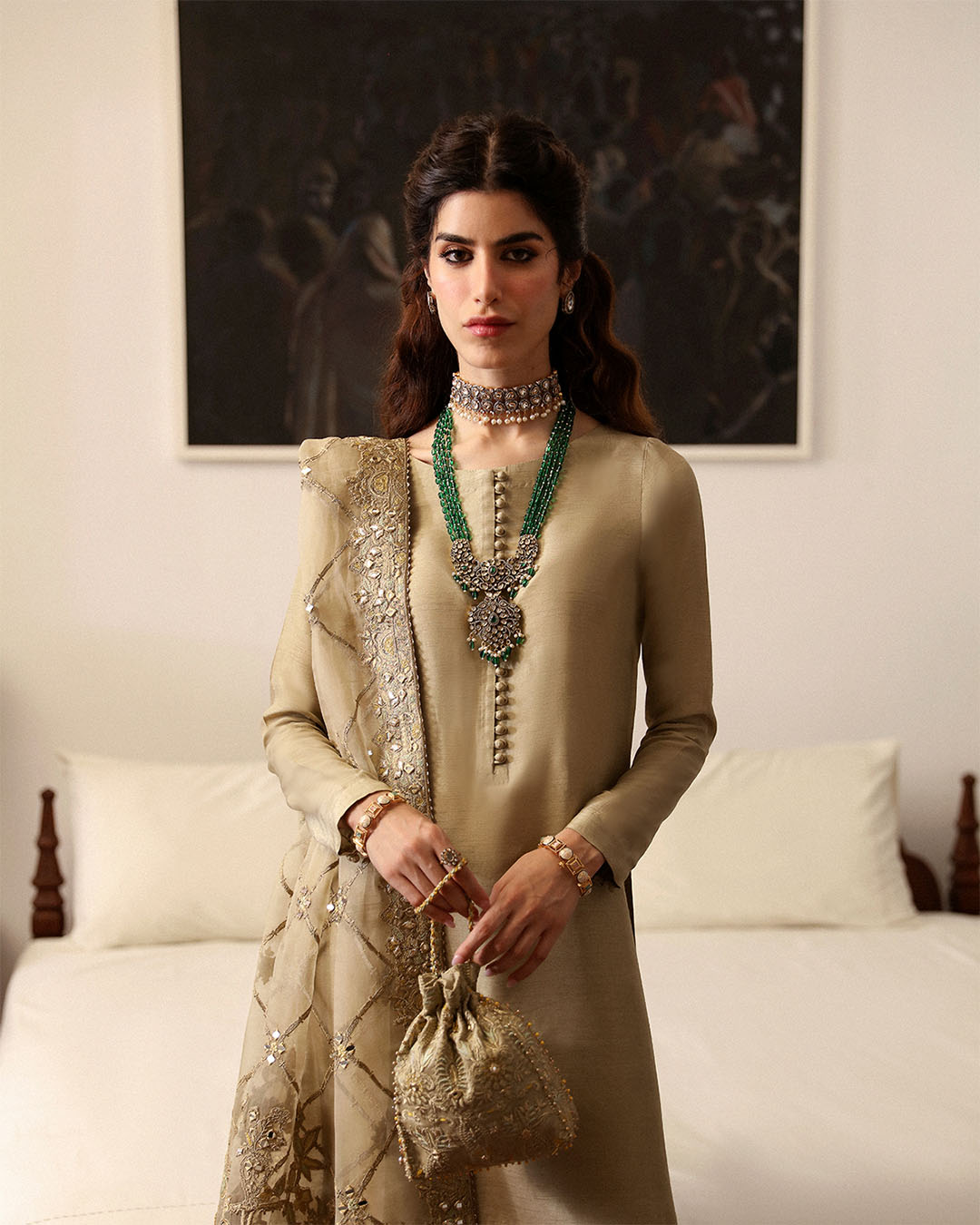 Model Wearing Faiza Saqlain Nainsi Gold Shirt with Flared Pants for formal events wear - Pakistani Designer Wear for Women in UK | Kifat