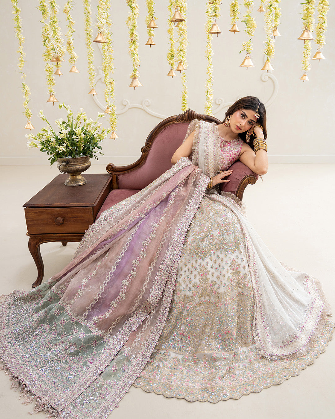 Model Wearing Faiza Saqlain Suzan Multicolor Blouse with Lehnga for wedding wear - Pakistani Designer Wear for Women in UK | Kifat
