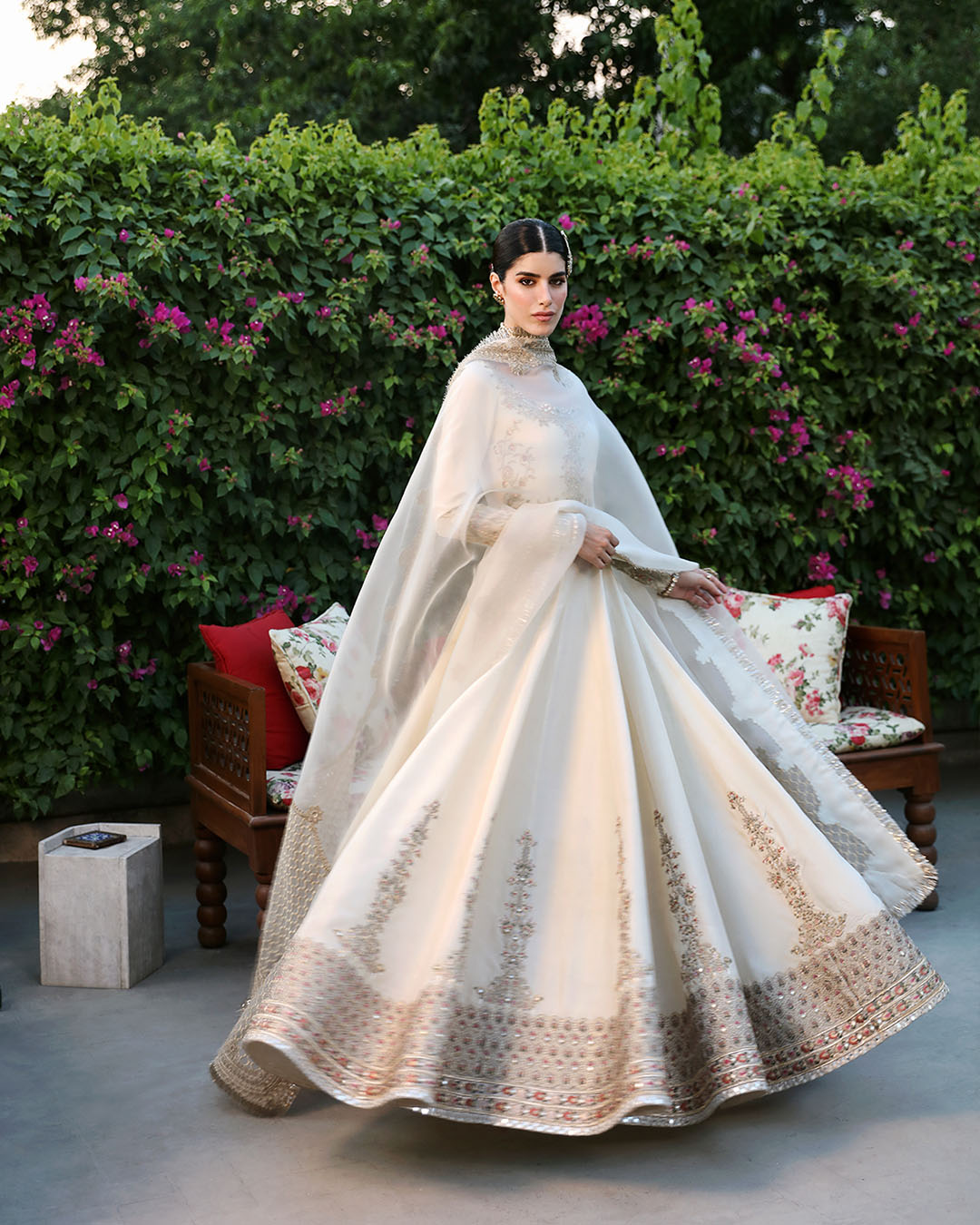 Model Wearing Faiza Saqlain Ailia Off-White Pishwas for wedding wear - Pakistani Designer Wear for Women in UK | Kifat