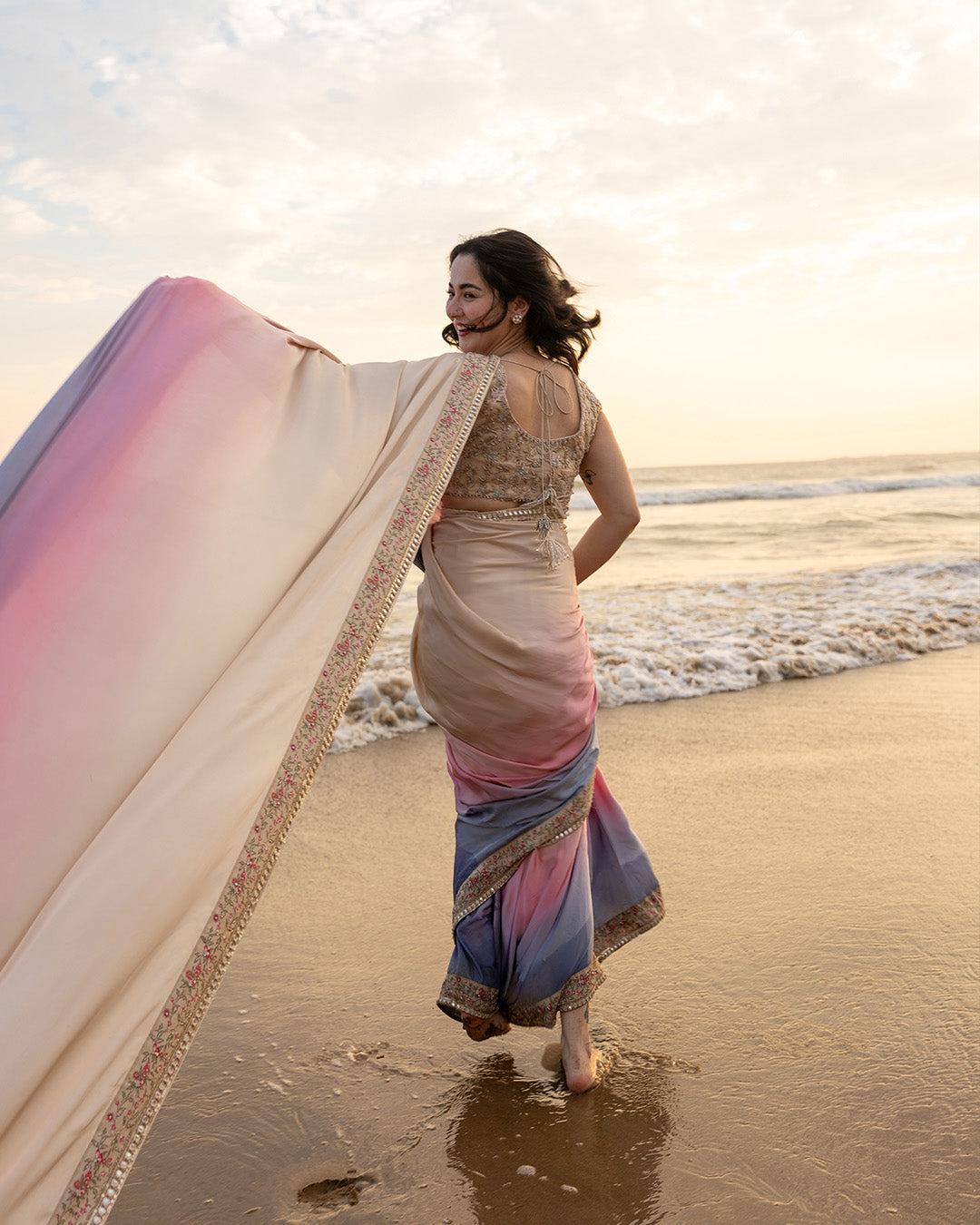 Model Wearing Faiza Saqlain Lena Cream and Ombre Saree for Ladies wear - Pakistani Designer Wear for Women in UK | Kifat