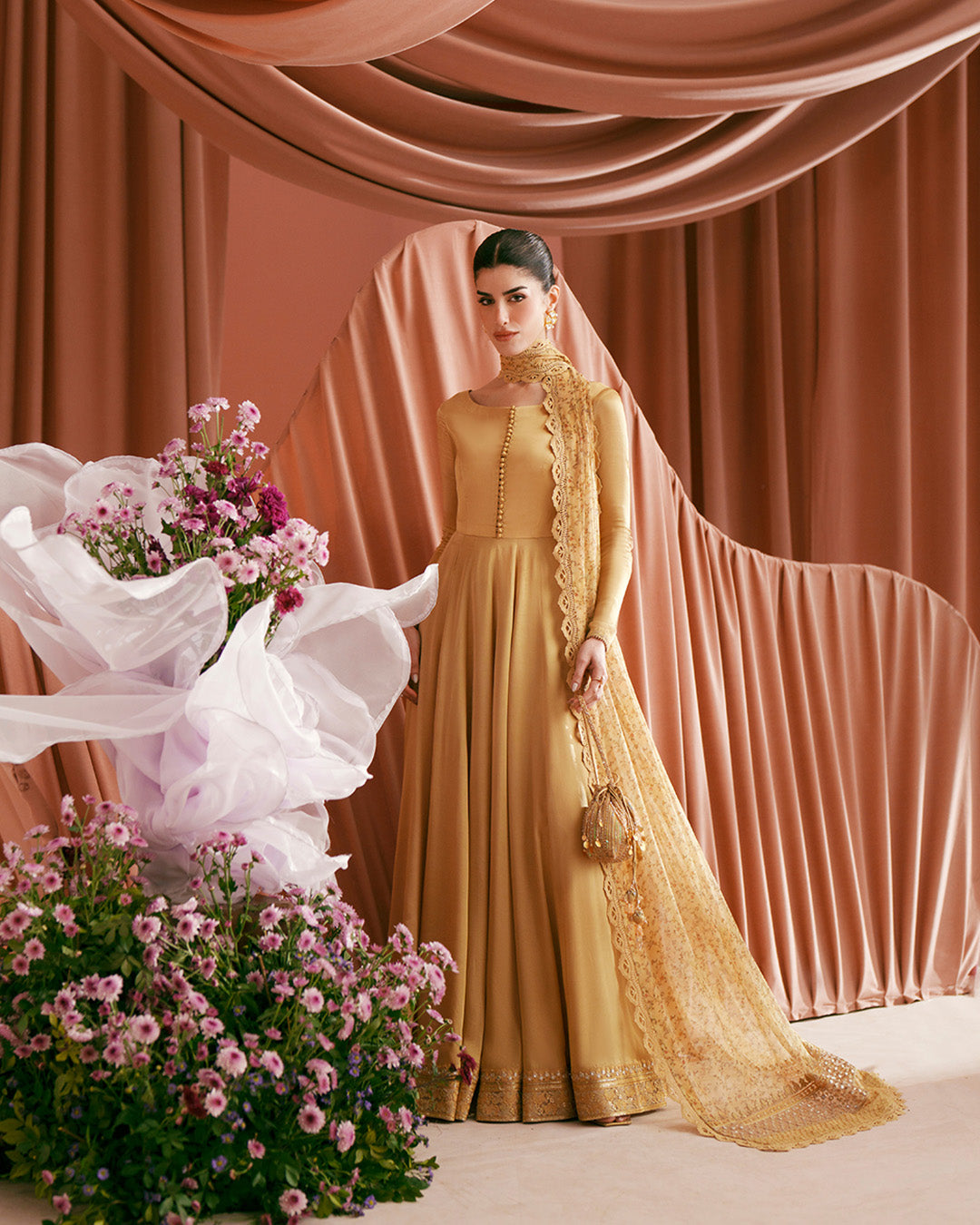 Women Wearing Alaa Mustard Pishwas for Luxury Events - Pakistani Designer Wear for Women in UK | Kifat