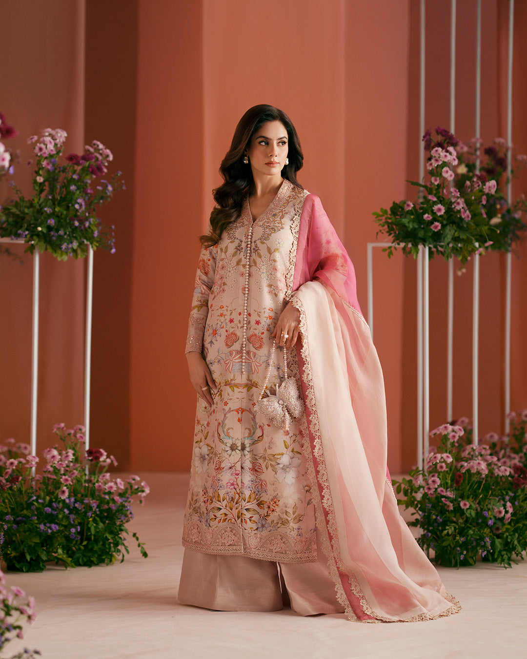 Women Wearing Nermin Nude Beige and Dusty Rose Shirt with Flared Pants for Luxury Events - Pakistani Designer Wear for Women in UK | Kifat