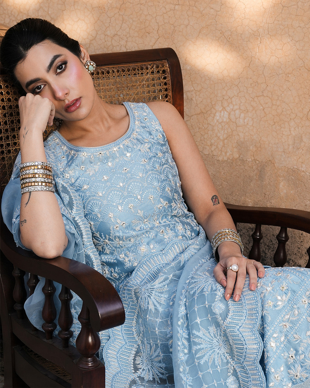 Model Wearing Faiza Saqlain Yulia Ice Blue Shirt with Culottes for formal events wear - Pakistani Designer Wear for Women in UK | Kifat