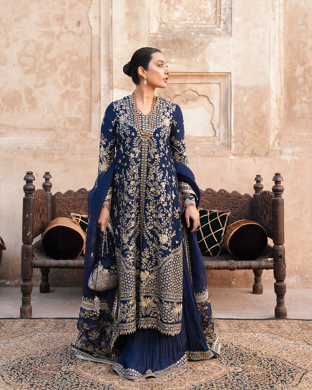 Model Wearing Faiza Saqlain Ayska Navy Blue Shirt with Sharara for formal events wear - Pakistani Designer Wear for Women in UK | Kifat