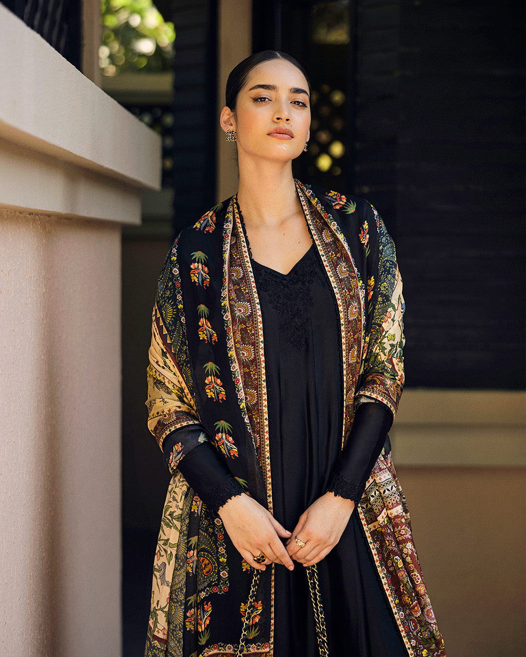 Model Wearing Faiza Saqlain Shelina Black Kalidaar with Culottes for Ladies wear - Pakistani Designer Wear for Women in UK | Kifat