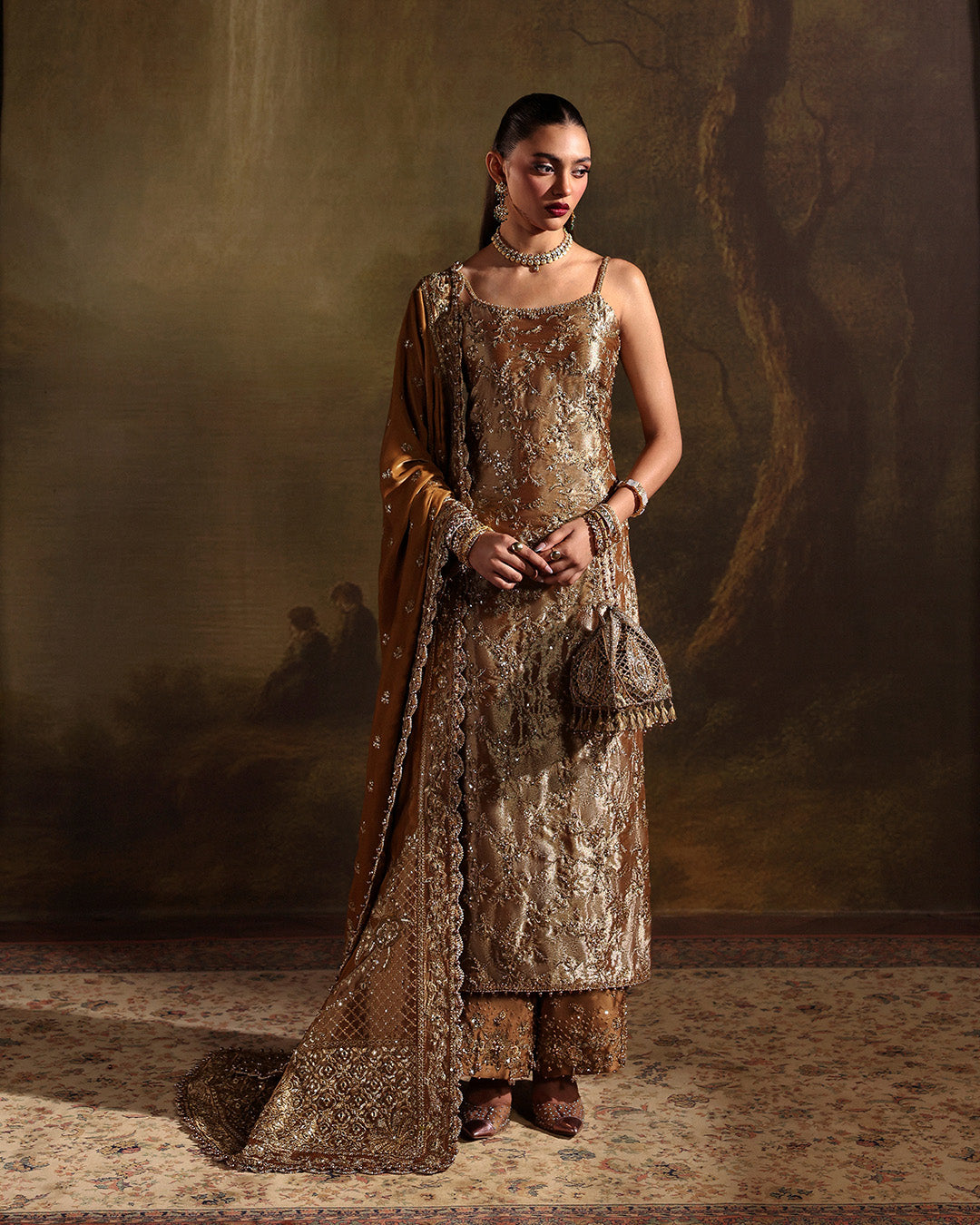 Model Wearing Faiza Saqlain Reit Mustard Gold Hue Shirt with Trouser for wedding wear - Pakistani Designer Wear for Women in UK | Kifat