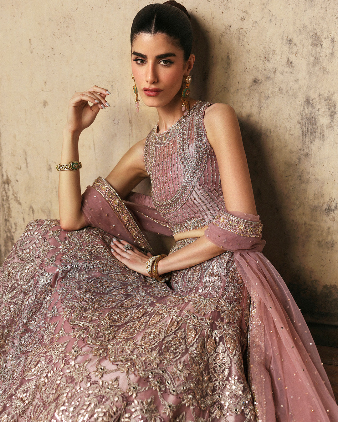 Model Wearing Faiza Saqlain Prenia Dusty Rose Lehnga Choli for wedding wear - Pakistani Designer Wear for Women in UK | Kifat