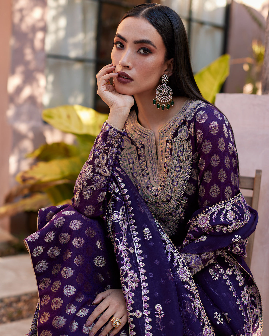 Model Wearing Faiza Saqlain Clara Plum Shirt Trouser for formal events wear - Pakistani Designer Wear for Women in UK | Kifat
