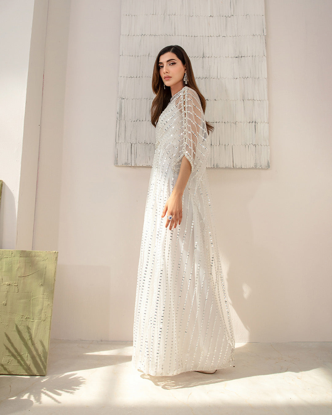 Model Wearing Faiza Saqlain Ariella White Kaftan for formal events wear - Pakistani Designer Wear for Women in UK | Kifat