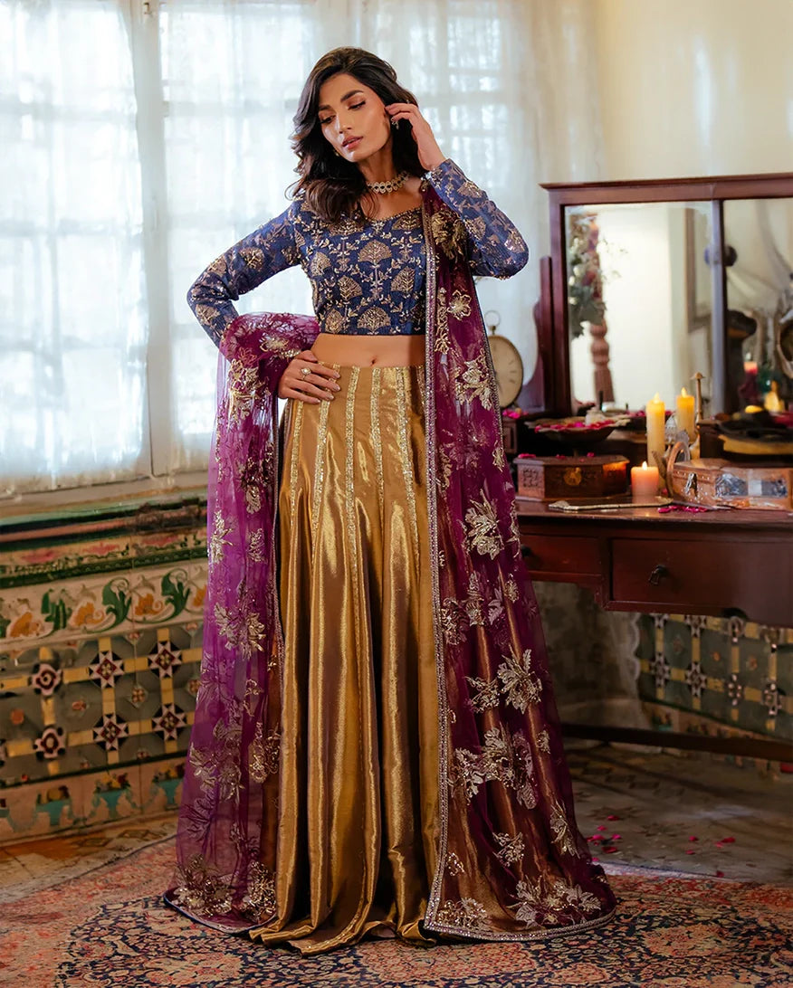 Women Wearing Meena Blue Lehnga Choli for Formal Events - Pakistani Designer Wear for Women in UK | Kifat