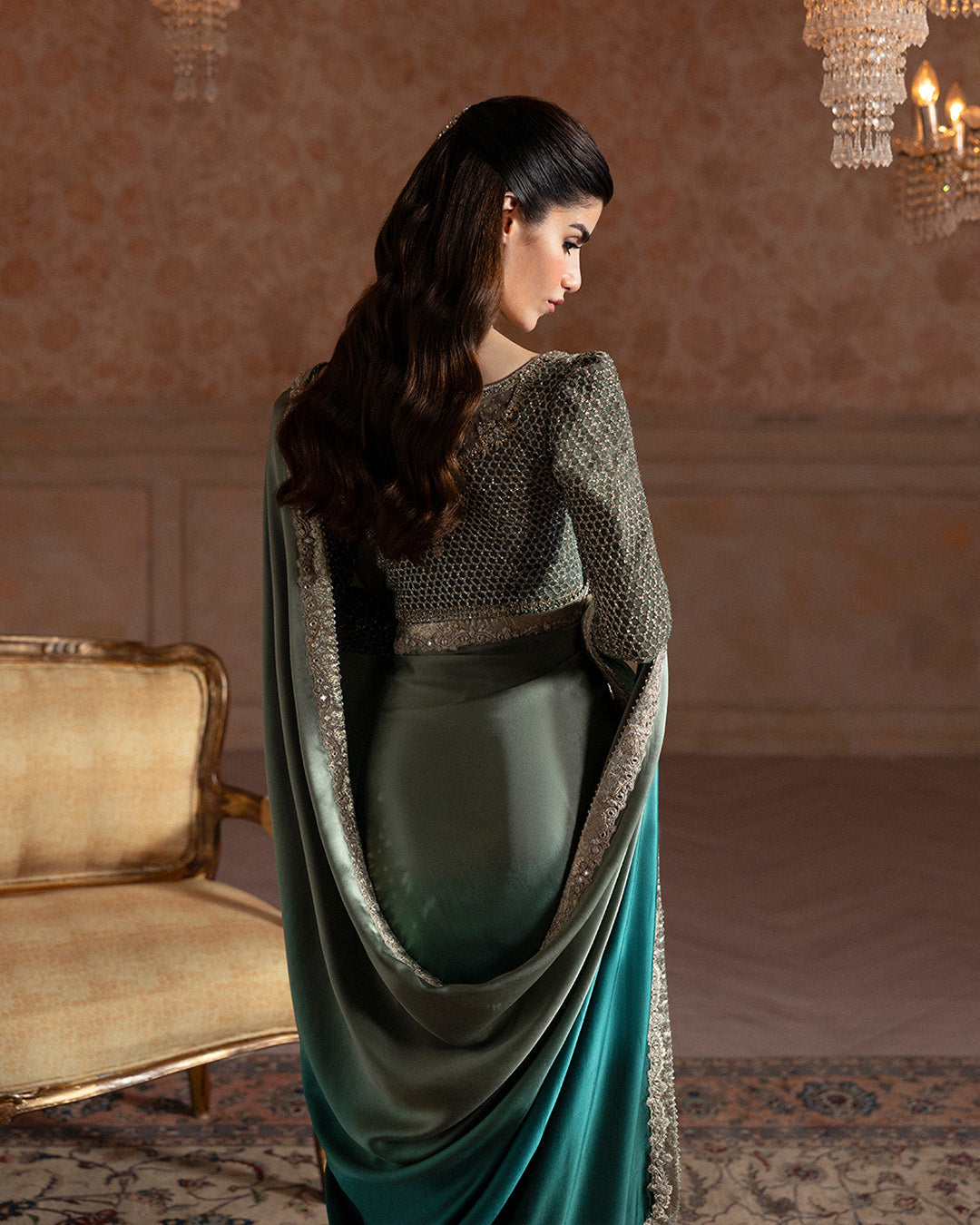 Model Wearing Faiza Saqlain Ailey Ombre Green Saree for wedding wear - Pakistani Designer Wear for Women in UK | Kifat