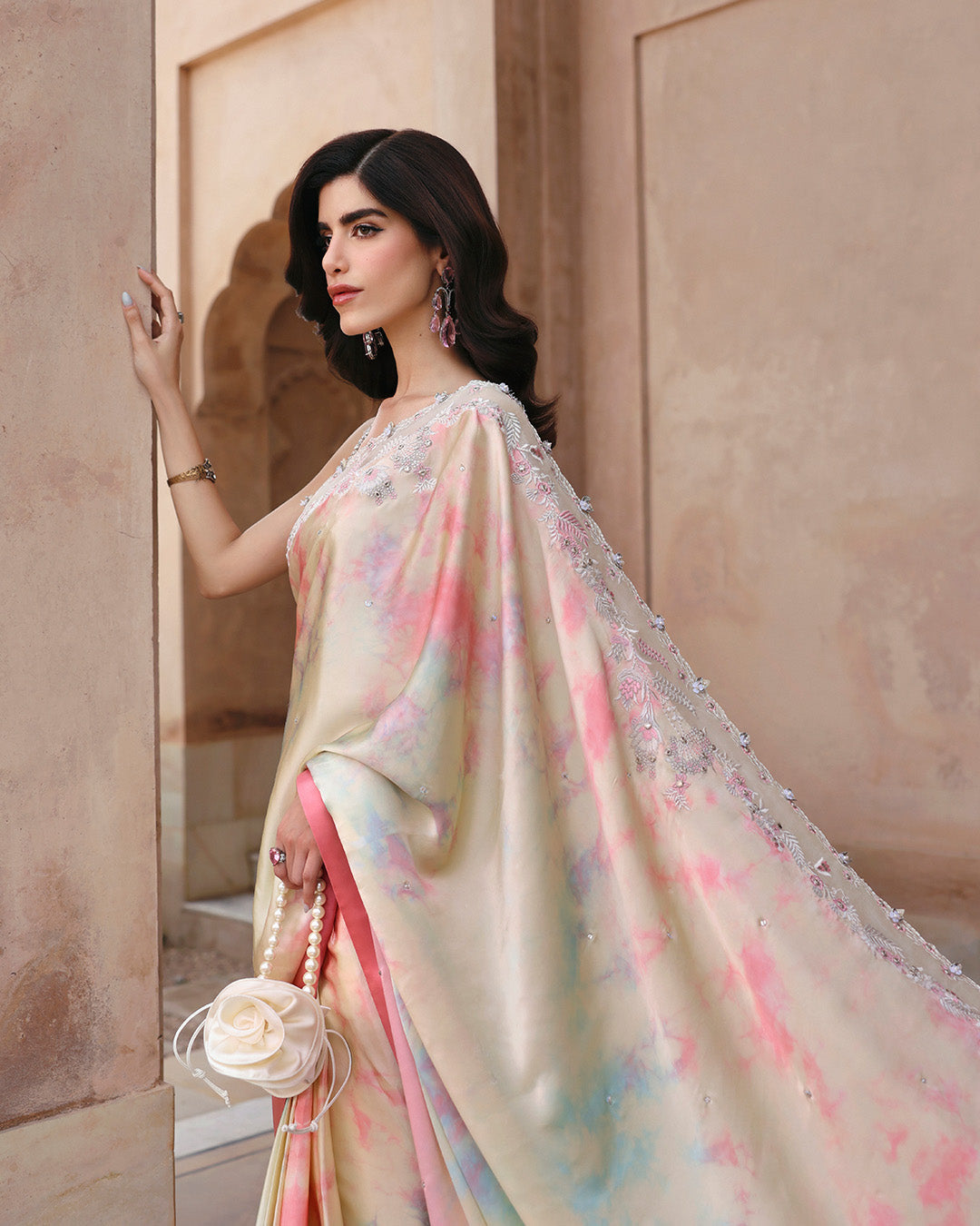 Model Wearing Faiza Saqlain Kalara Multi Tie-and-Dye Saree for wedding wear - Pakistani Designer Wear for Women in UK | Kifat