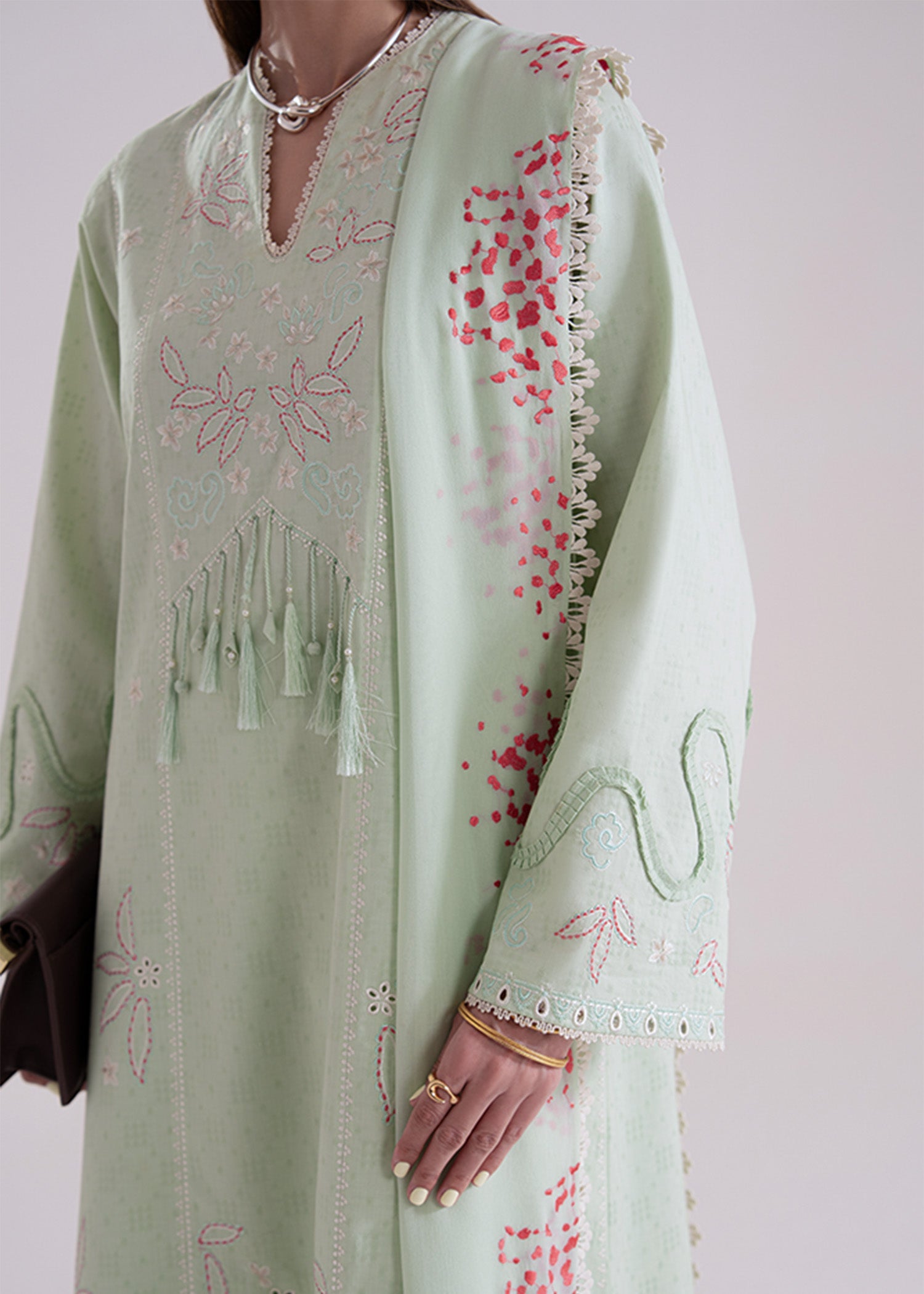 Model Wearing Suffuse by Sana Yasir NORE Mint Green Long shirt with culottes for Casual Dress- Pakistani Designer wear for Women in UK | Kifat