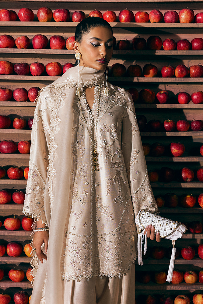 Model Wearing Suffuse by Sana Yasir RHEA Cosmin Fawn front-open shirt with shalwar for Formal Events- Pakistani Designer wear for Women in UK | Kifat