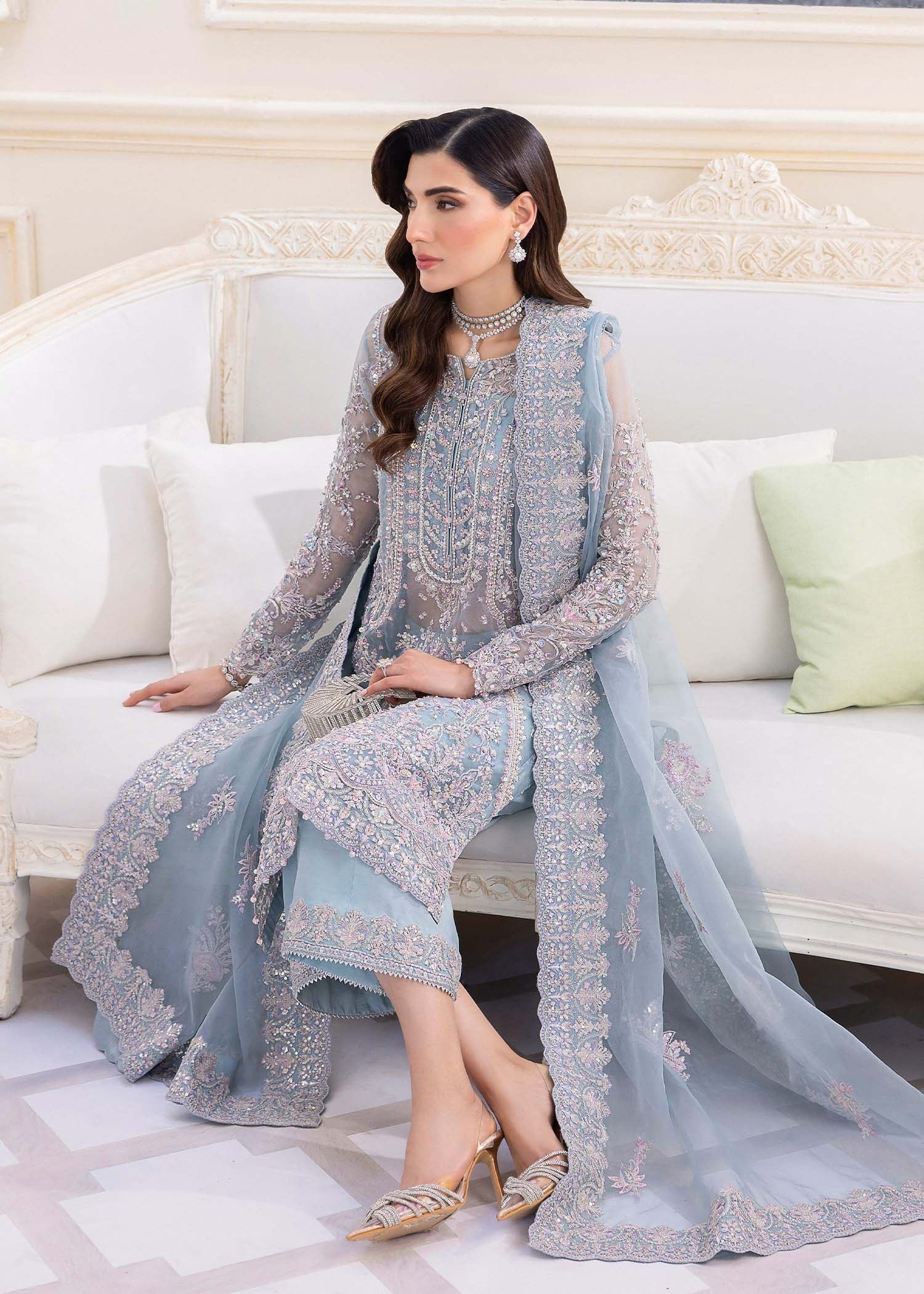 Kanwal Malik Ice Blue mid-length shirt with culottes pants for Luxury Wedding wear - Pakistani Designer Wear for Women in UK | Kifat