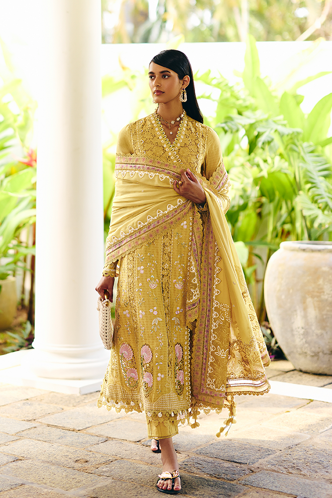 Model Wearing Suffuse by Sana Yasir ZORAH Honey Yellow Angrakha Shirt with straight-cut pants for Casual Dress- Pakistani Designer wear for Women in UK | Kifat