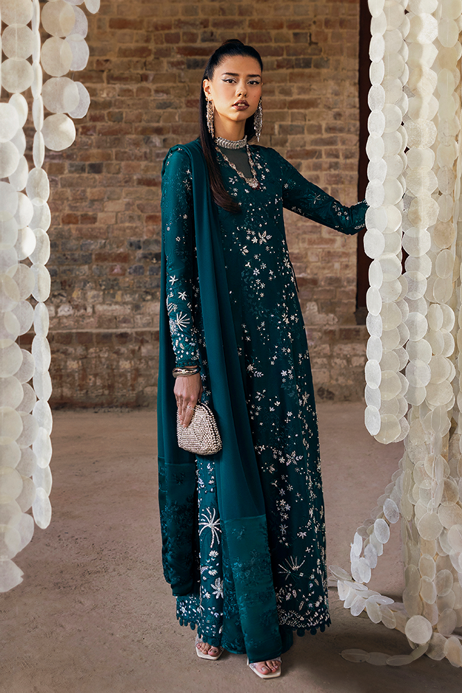 Model Wearing Suffuse by Sana Yasir SOLARA Deep Green angrakha with staright cut pant for Formal Events- Pakistani Designer wear for Women in UK | Kifat