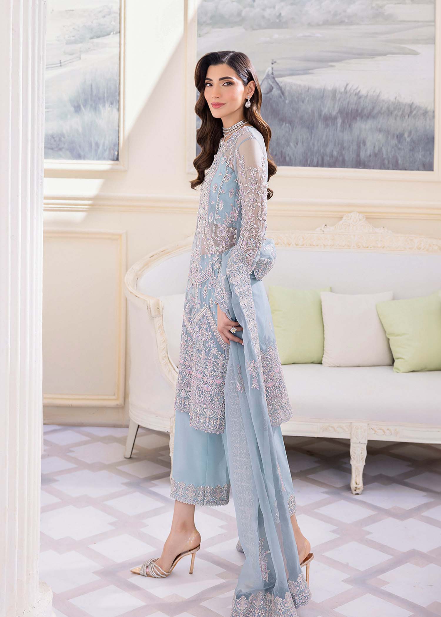 Kanwal Malik Ice Blue mid-length shirt with culottes pants for Luxury Wedding wear - Pakistani Designer Wear for Women in UK | Kifat