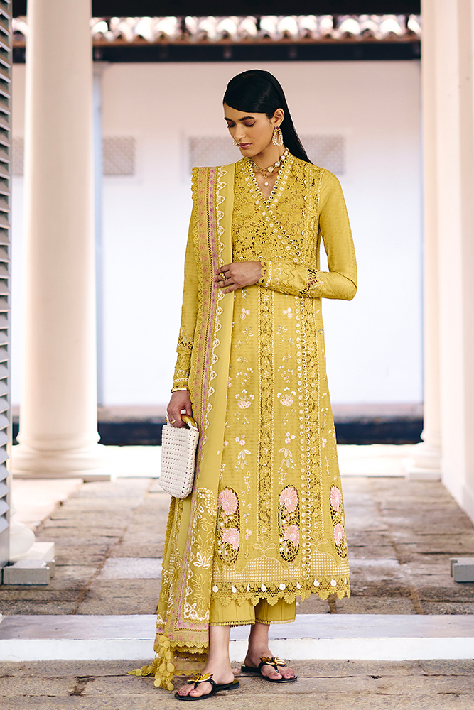 Model Wearing Suffuse by Sana Yasir ZORAH Honey Yellow Angrakha Shirt with straight-cut pants for Casual Dress- Pakistani Designer wear for Women in UK | Kifat