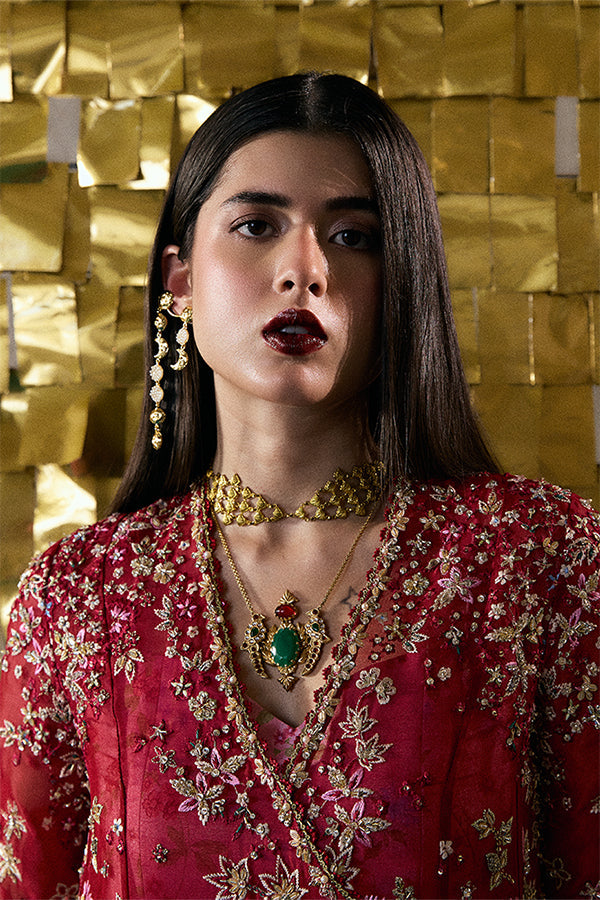 Model Wearing Suffuse by Sana Yasir Jaseria Wine Red Angrakha with Sharara Pants for Wedding Wear - Pakistani Designer wear for Women in UK | Kifat