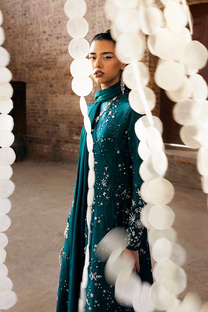 Model Wearing Suffuse by Sana Yasir SOLARA Deep Green angrakha with staright cut pant for Formal Events- Pakistani Designer wear for Women in UK | Kifat