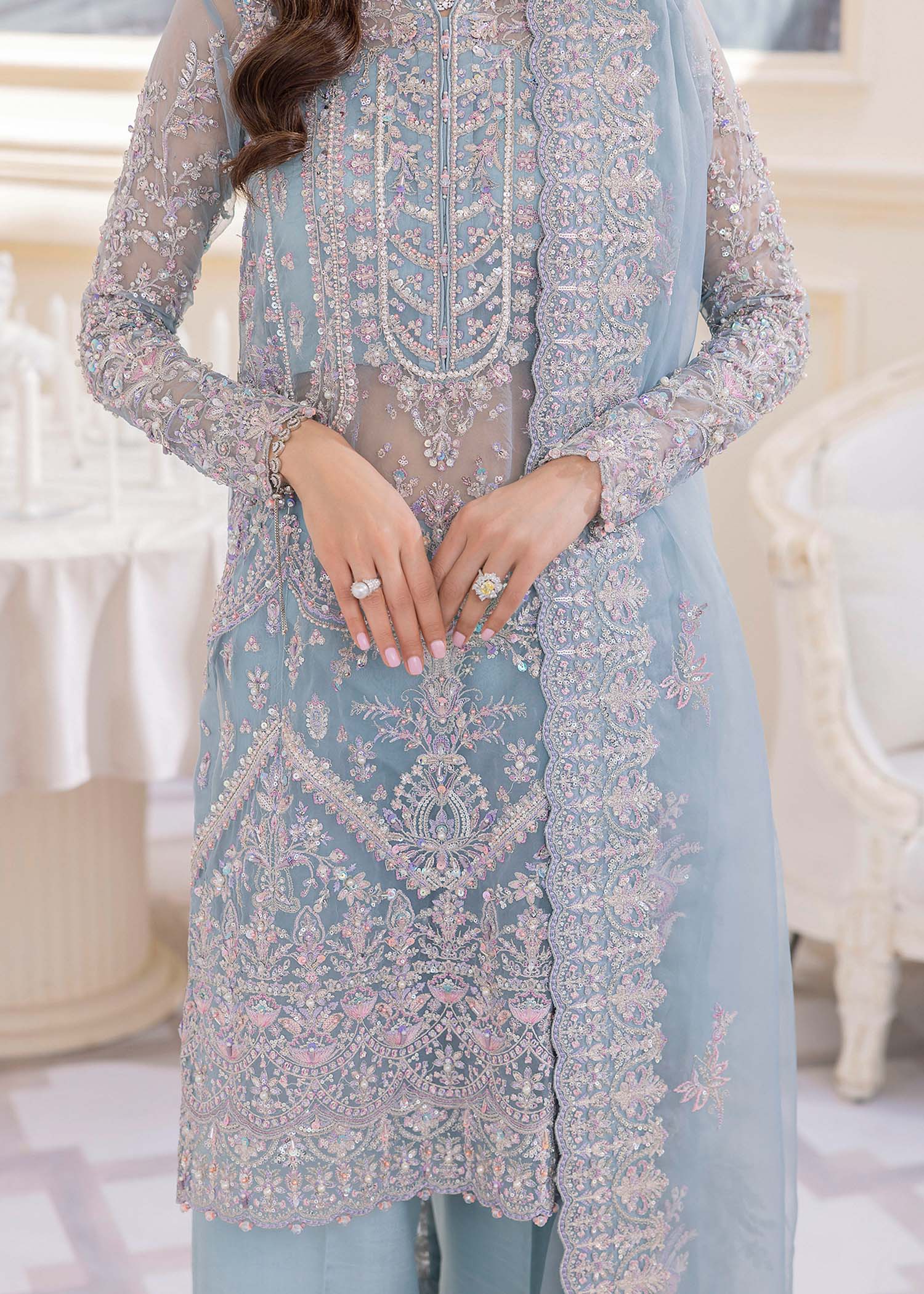 Kanwal Malik Ice Blue mid-length shirt with culottes pants for Luxury Wedding wear - Pakistani Designer Wear for Women in UK | Kifat