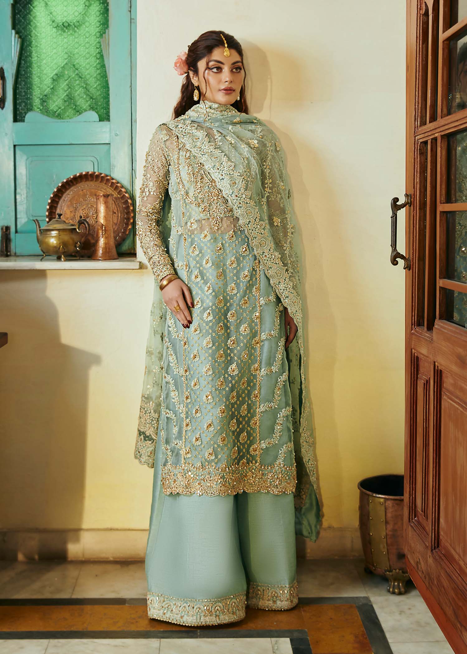Kanwal Malik Sea Green Panel shirt with wide-legged silhouette for Luxury Wedding wear - Pakistani Designer Wear for Women in UK | Kifat