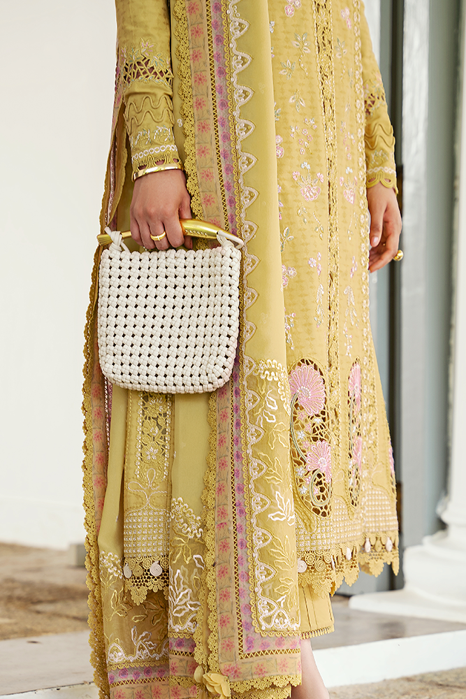 Model Wearing Suffuse by Sana Yasir ZORAH Honey Yellow Angrakha Shirt with straight-cut pants for Casual Dress- Pakistani Designer wear for Women in UK | Kifat