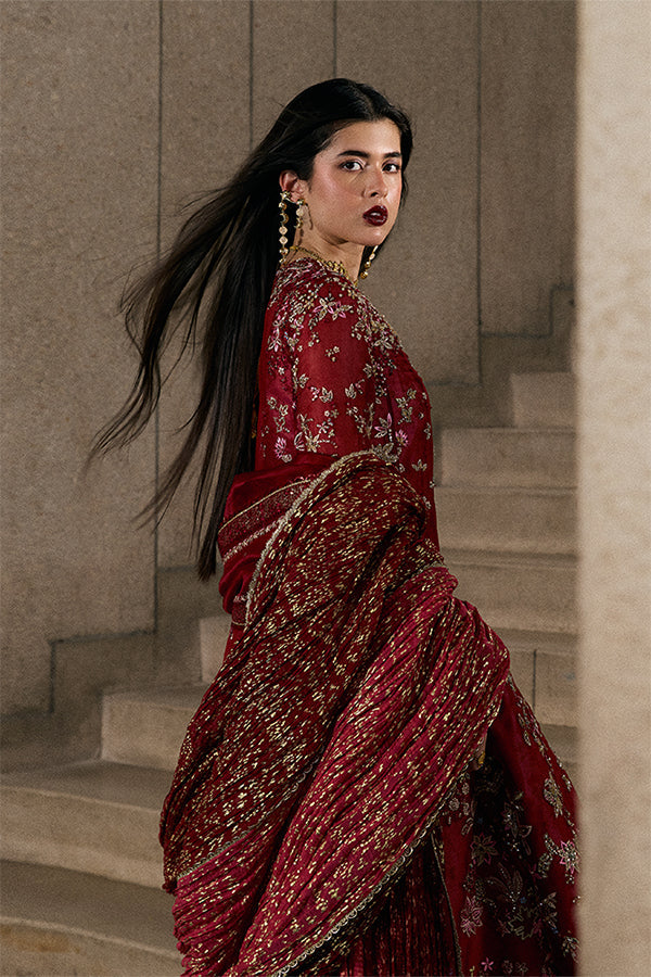 Model Wearing Suffuse by Sana Yasir Jaseria Wine Red Angrakha with Sharara Pants for Wedding Wear - Pakistani Designer wear for Women in UK | Kifat
