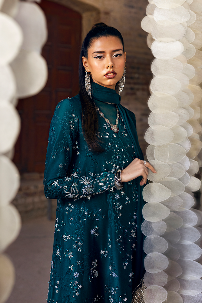Model Wearing Suffuse by Sana Yasir SOLARA Deep Green angrakha with staright cut pant for Formal Events- Pakistani Designer wear for Women in UK | Kifat
