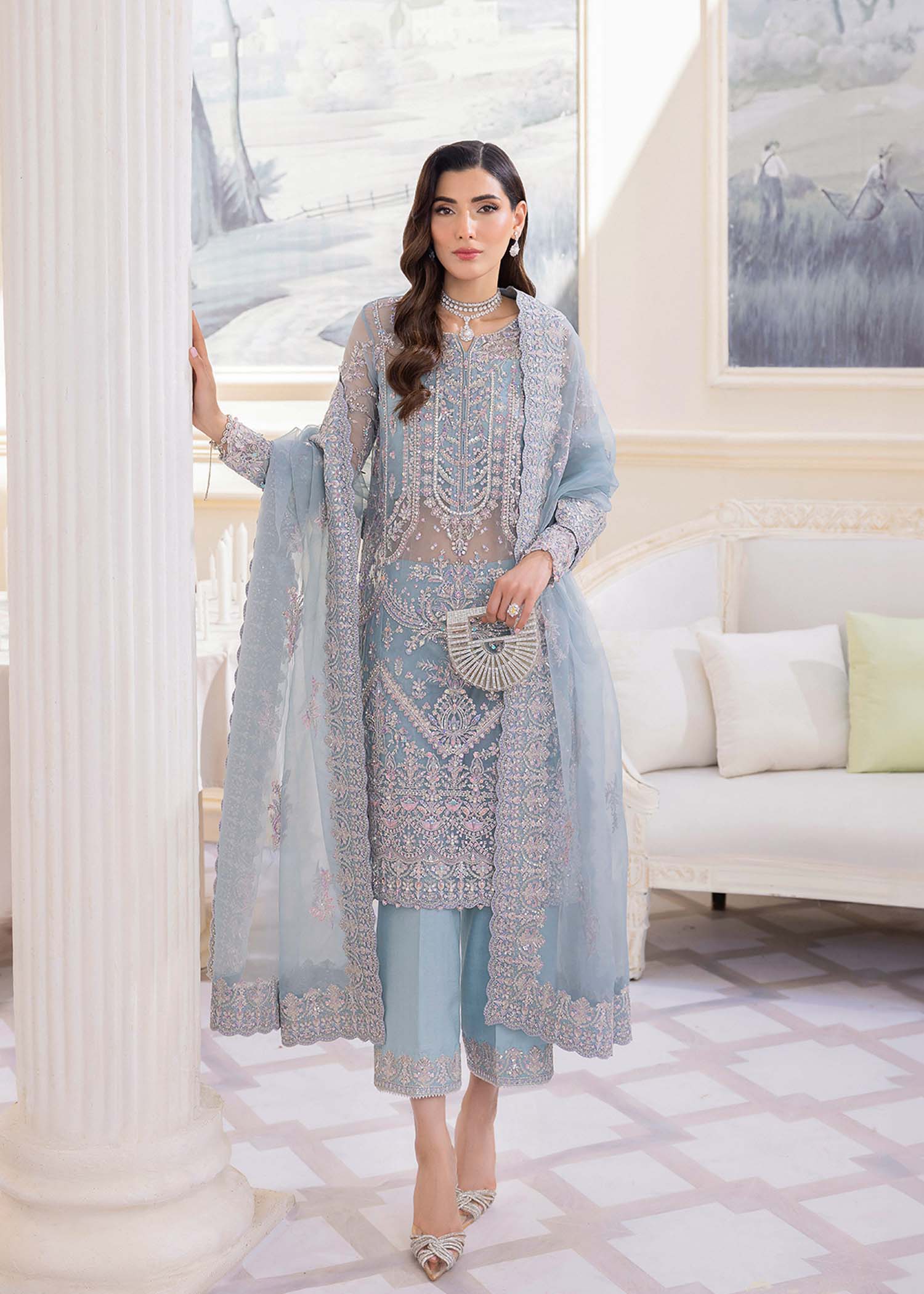 Kanwal Malik Ice Blue mid-length shirt with culottes pants for Luxury Wedding wear - Pakistani Designer Wear for Women in UK | Kifat
