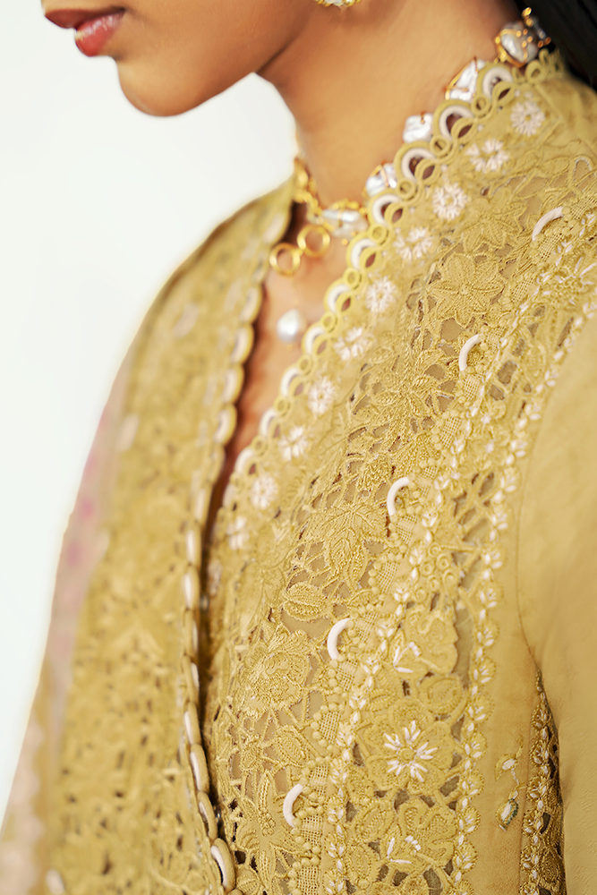 Model Wearing Suffuse by Sana Yasir ZORAH Honey Yellow Angrakha Shirt with straight-cut pants for Casual Dress- Pakistani Designer wear for Women in UK | Kifat