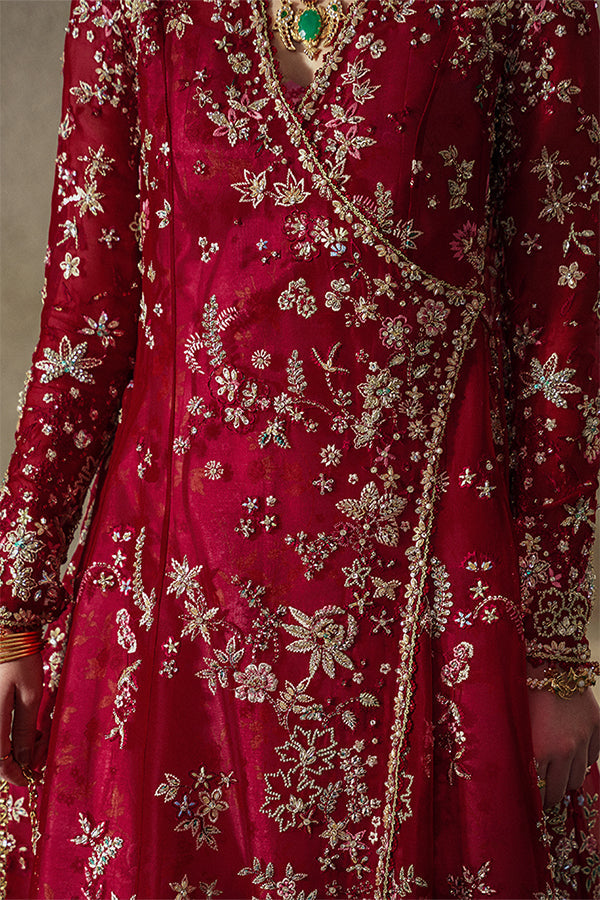 Model Wearing Suffuse by Sana Yasir Jaseria Wine Red Angrakha with Sharara Pants for Wedding Wear - Pakistani Designer wear for Women in UK | Kifat
