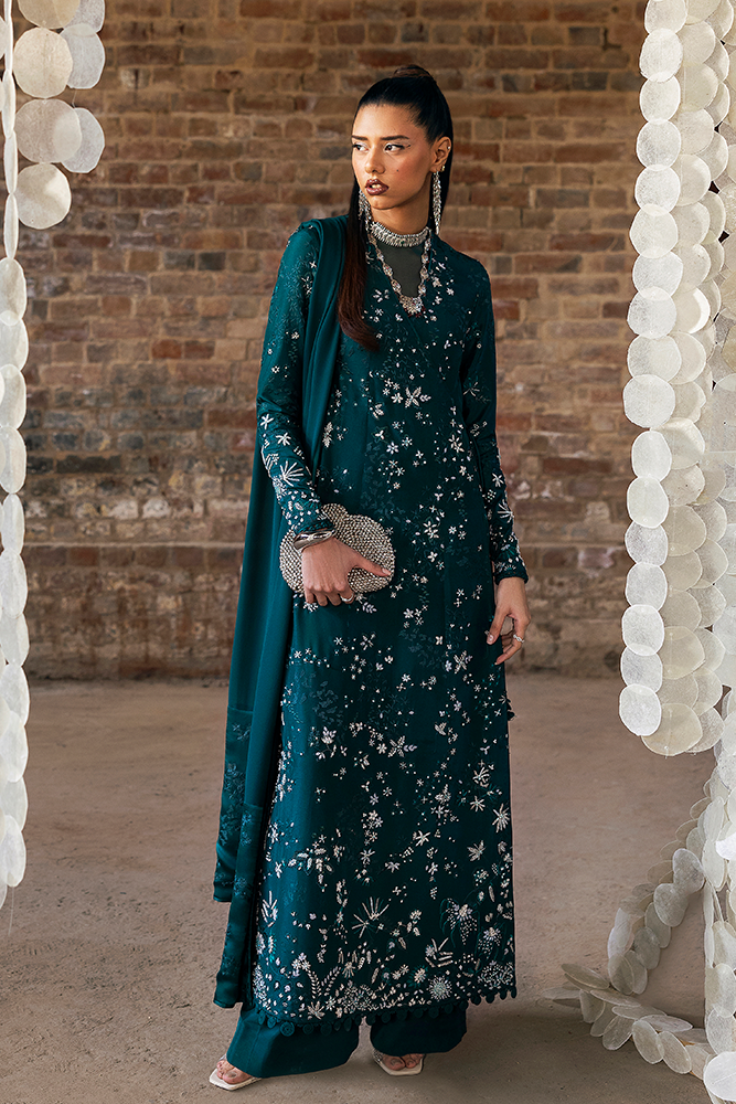 Model Wearing Suffuse by Sana Yasir SOLARA Deep Green angrakha with staright cut pant for Formal Events- Pakistani Designer wear for Women in UK | Kifat