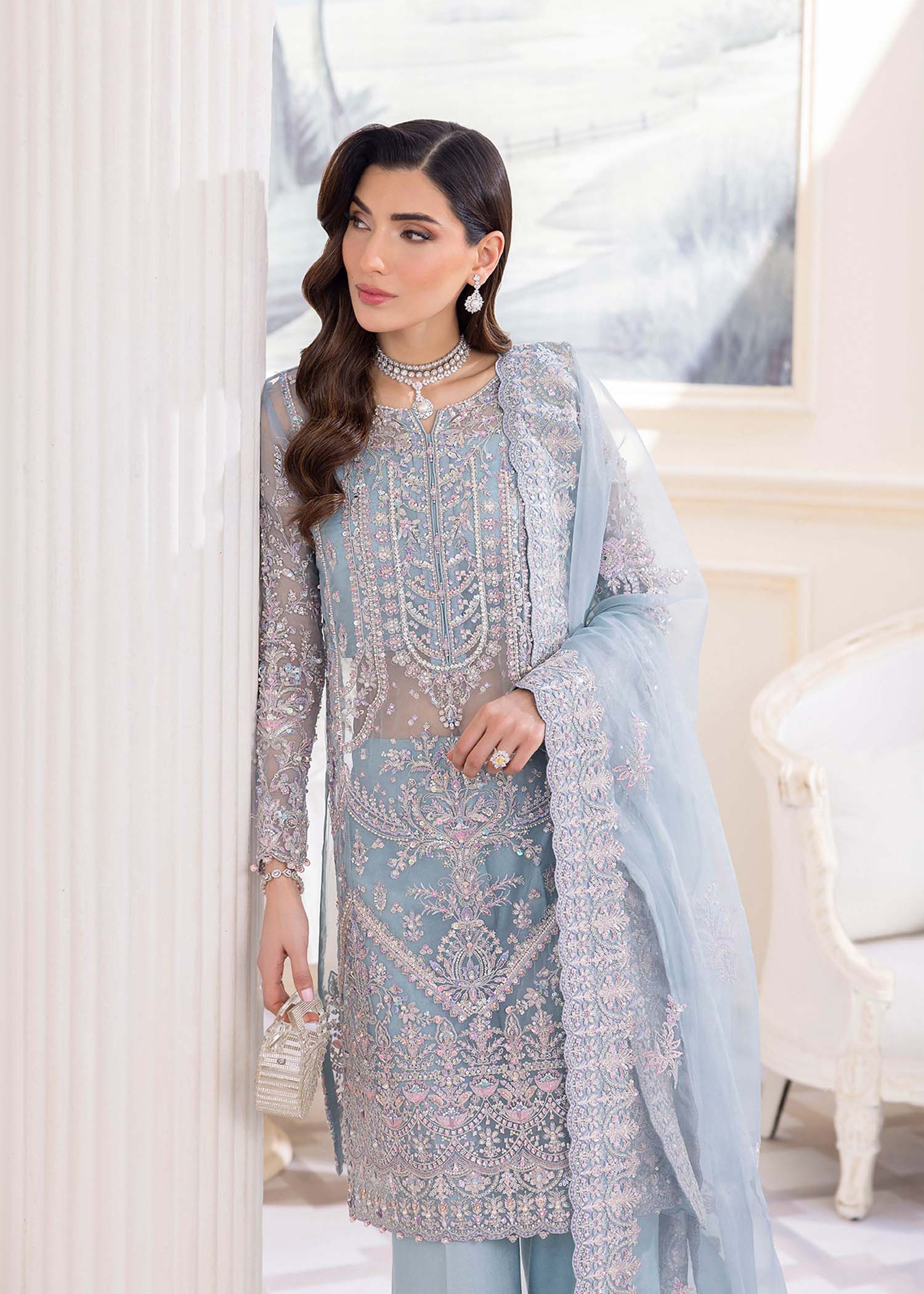 Kanwal Malik Ice Blue mid-length shirt with culottes pants for Luxury Wedding wear - Pakistani Designer Wear for Women in UK | Kifat