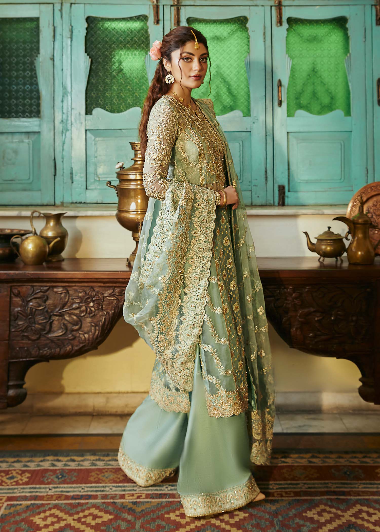 Kanwal Malik Sea Green Panel shirt with wide-legged silhouette for Luxury Wedding wear - Pakistani Designer Wear for Women in UK | Kifat