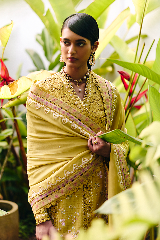 Model Wearing Suffuse by Sana Yasir ZORAH Honey Yellow Angrakha Shirt with straight-cut pants for Casual Dress- Pakistani Designer wear for Women in UK | Kifat