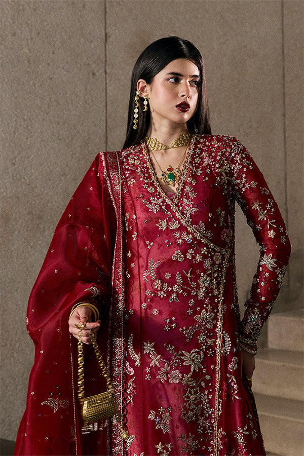Model Wearing Suffuse by Sana Yasir Jaseria Wine Red Angrakha with Sharara Pants for Wedding Wear - Pakistani Designer wear for Women in UK | Kifat