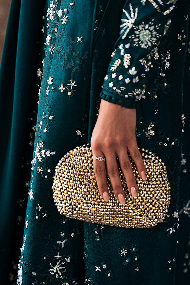 Model Wearing Suffuse by Sana Yasir SOLARA Deep Green angrakha with staright cut pant for Formal Events- Pakistani Designer wear for Women in UK | Kifat